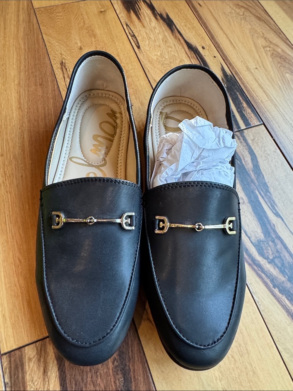 Sam Edelman Black Leather Slip-On Loafers with Gold Bit